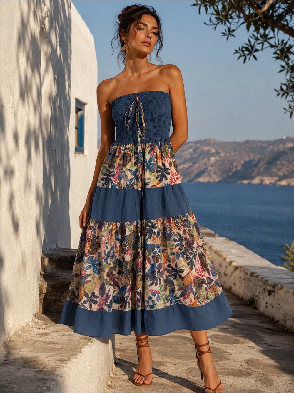 Folie Floral Strapless Tiered Midi Dress Blue Multicolor XS NWT